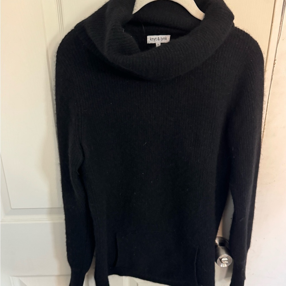 Knyt & Lynk Women's Cashmere Cowl Neck Black Asymmetrical Pullover Sweater M